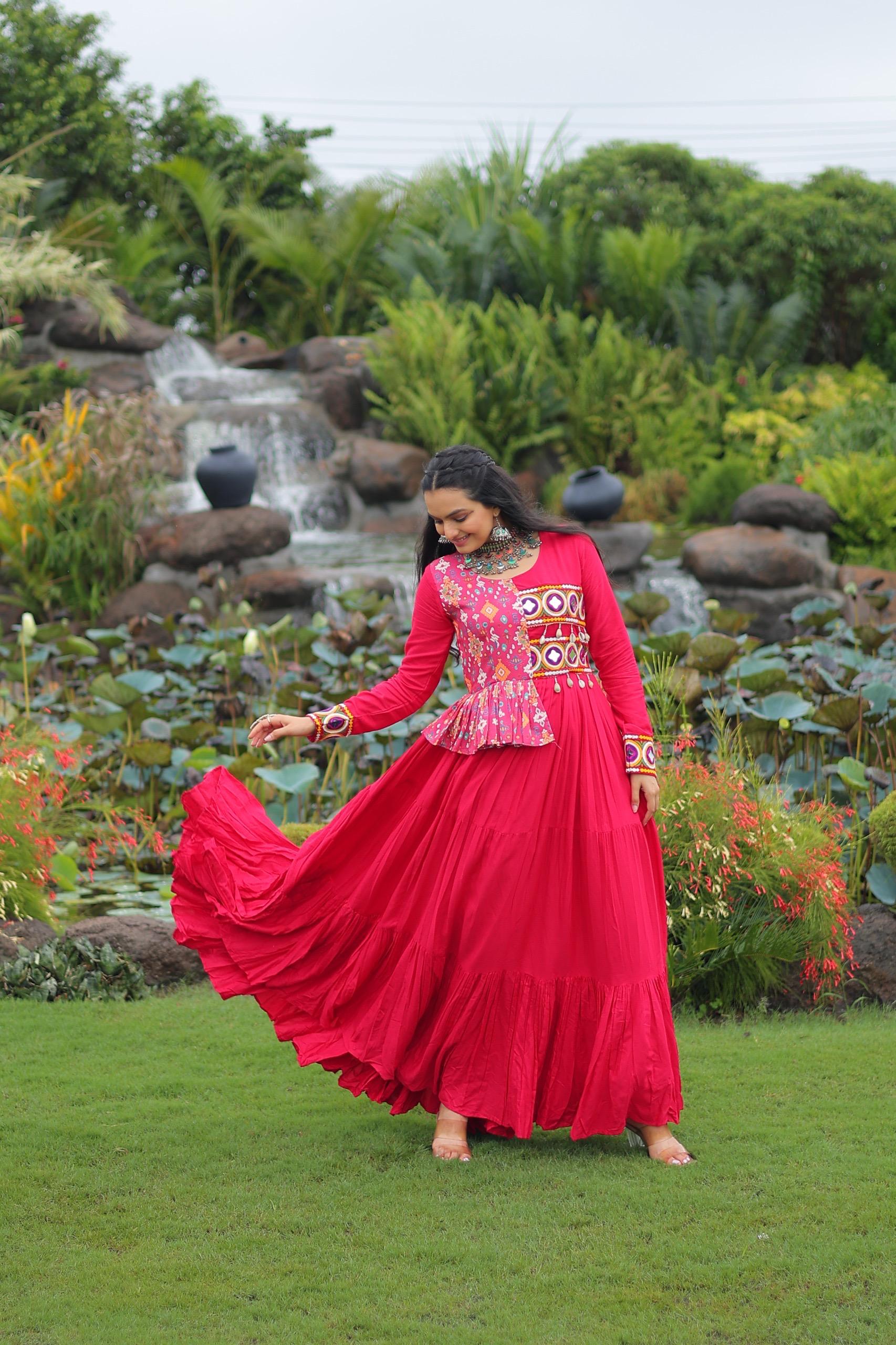 Prazu Fashion Rani Pink Rayon With Kutchi Gamthi & Cotton Print Work Gown For Navratri - Distacart