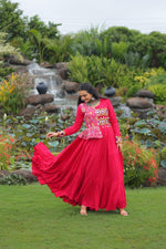 Thumbnail for Prazu Fashion Rani Pink Rayon With Kutchi Gamthi & Cotton Print Work Gown For Navratri