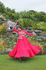 Thumbnail for Prazu Fashion Rani Pink Rayon With Kutchi Gamthi & Cotton Print Work Gown For Navratri