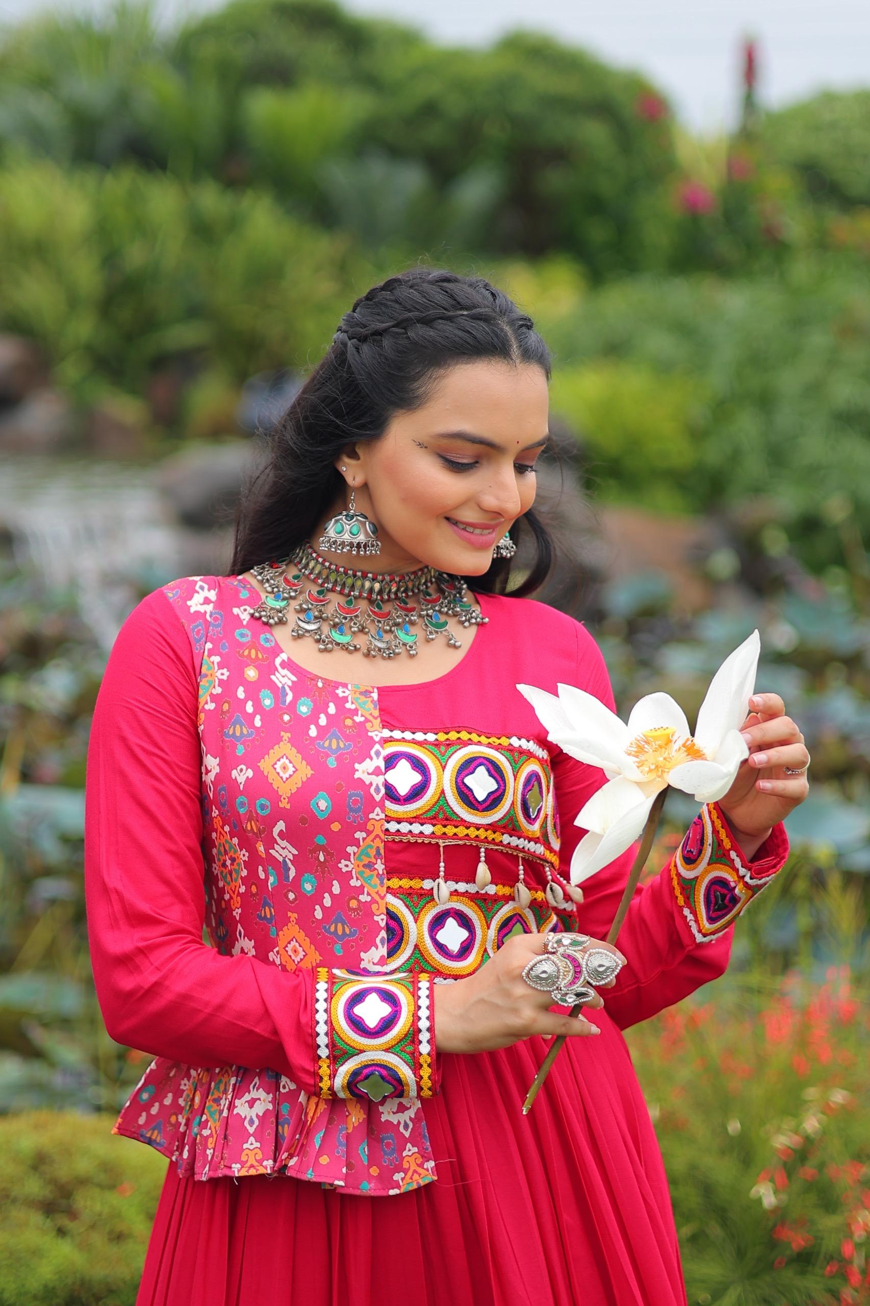 Prazu Fashion Rani Pink Rayon With Kutchi Gamthi & Cotton Print Work Gown For Navratri