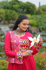 Thumbnail for Prazu Fashion Rani Pink Rayon With Kutchi Gamthi & Cotton Print Work Gown For Navratri