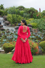 Thumbnail for Prazu Fashion Rani Pink Rayon With Kutchi Gamthi & Cotton Print Work Gown For Navratri