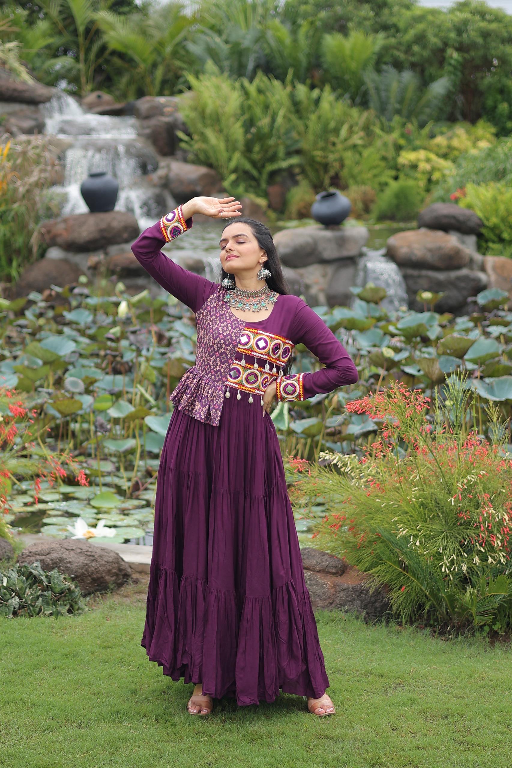 Prazu Fashion Wine Rayon With Kutchi Gamthi & Cotton Print Work Gown For Navratri - Distacart