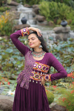 Thumbnail for Prazu Fashion Wine Rayon With Kutchi Gamthi & Cotton Print Work Gown For Navratri