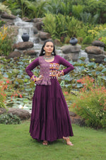 Thumbnail for Prazu Fashion Wine Rayon With Kutchi Gamthi & Cotton Print Work Gown For Navratri