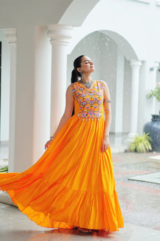 Prazu Fashion Yellow Reyon Kutchi Gamthi Thread Work Navaratri Gown