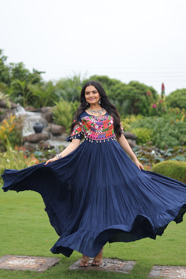 Prazu Fashion Navy Blue Reyon Kutchi Gamthi Work Navaratri Gown