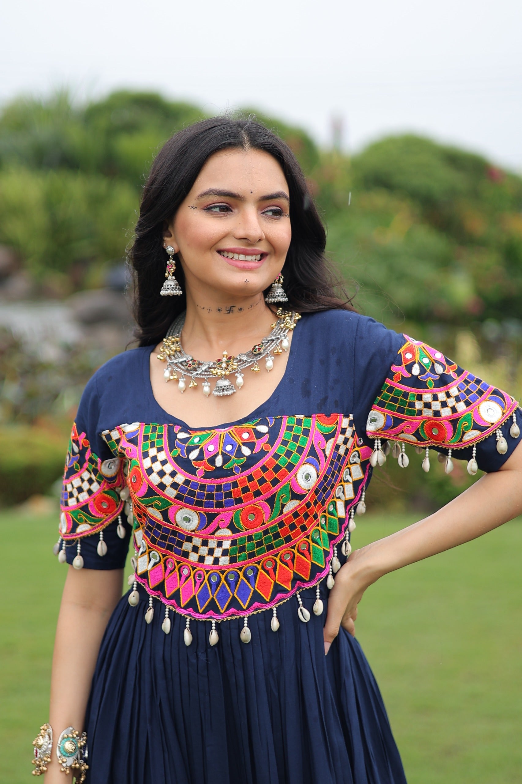 Prazu Fashion Navy Blue Reyon Kutchi Gamthi Work Navaratri Gown