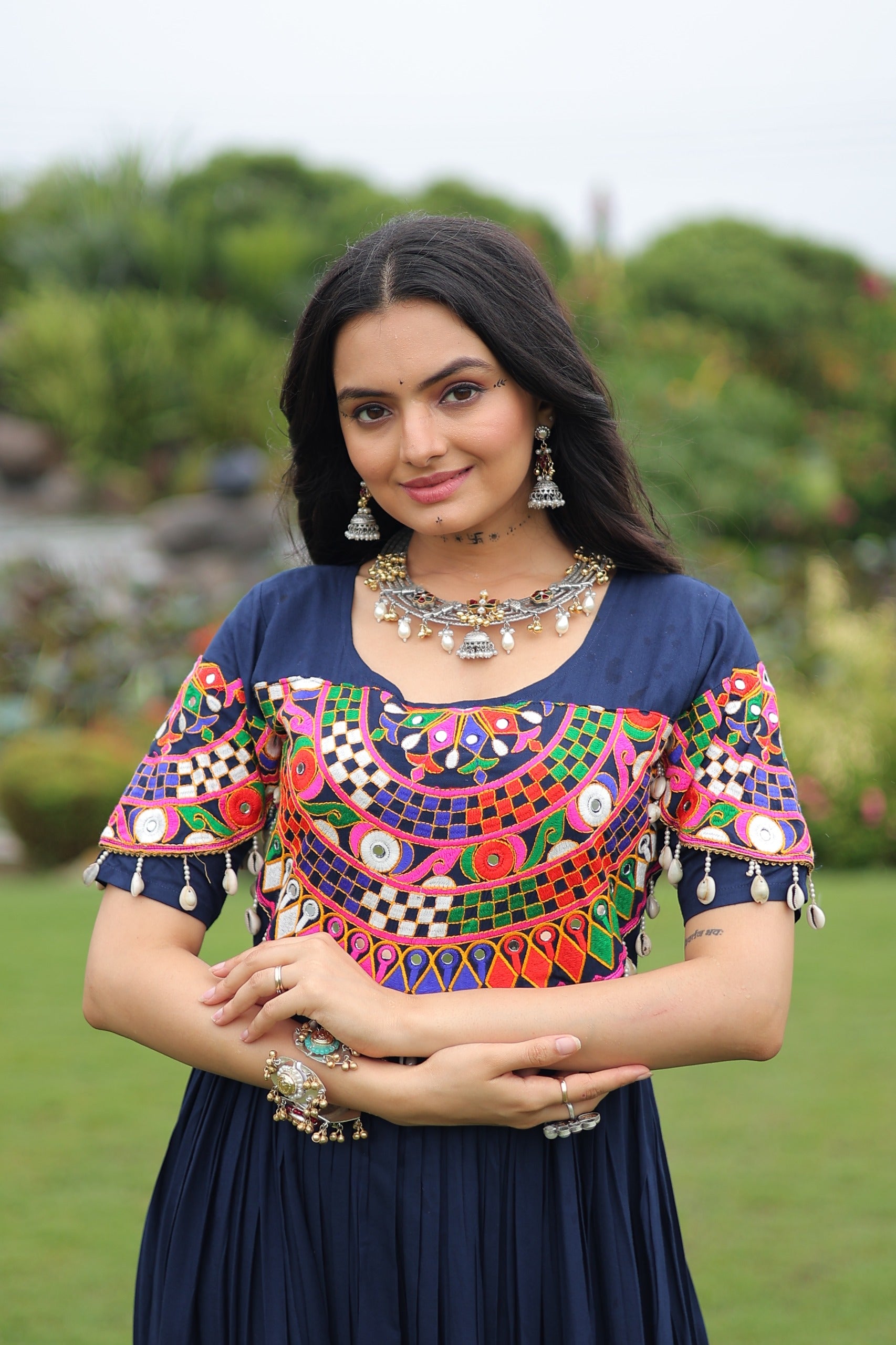 Prazu Fashion Navy Blue Reyon Kutchi Gamthi Work Navaratri Gown