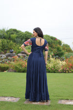 Thumbnail for Prazu Fashion Navy Blue Reyon Kutchi Gamthi Work Navaratri Gown