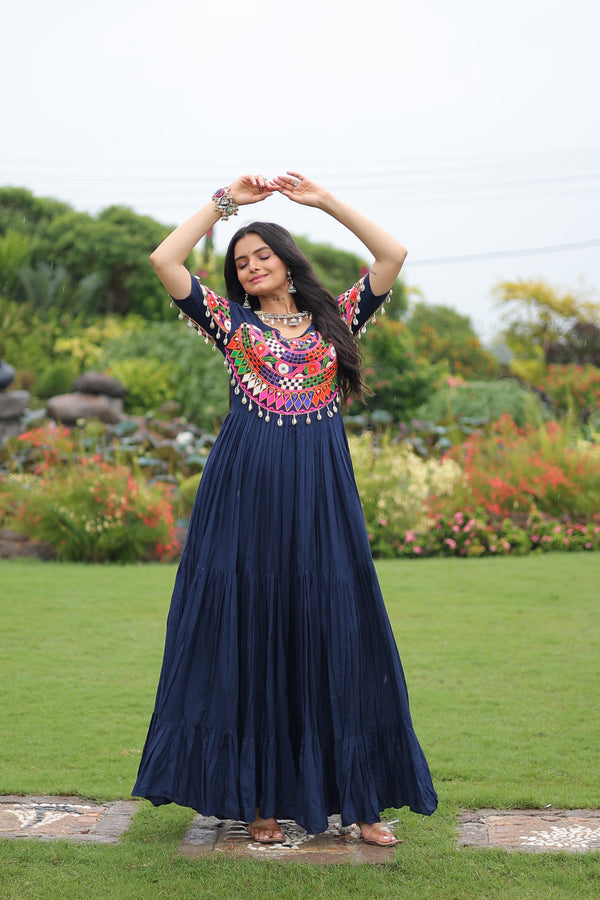 Prazu Fashion Navy Blue Reyon Kutchi Gamthi Work Navaratri Gown