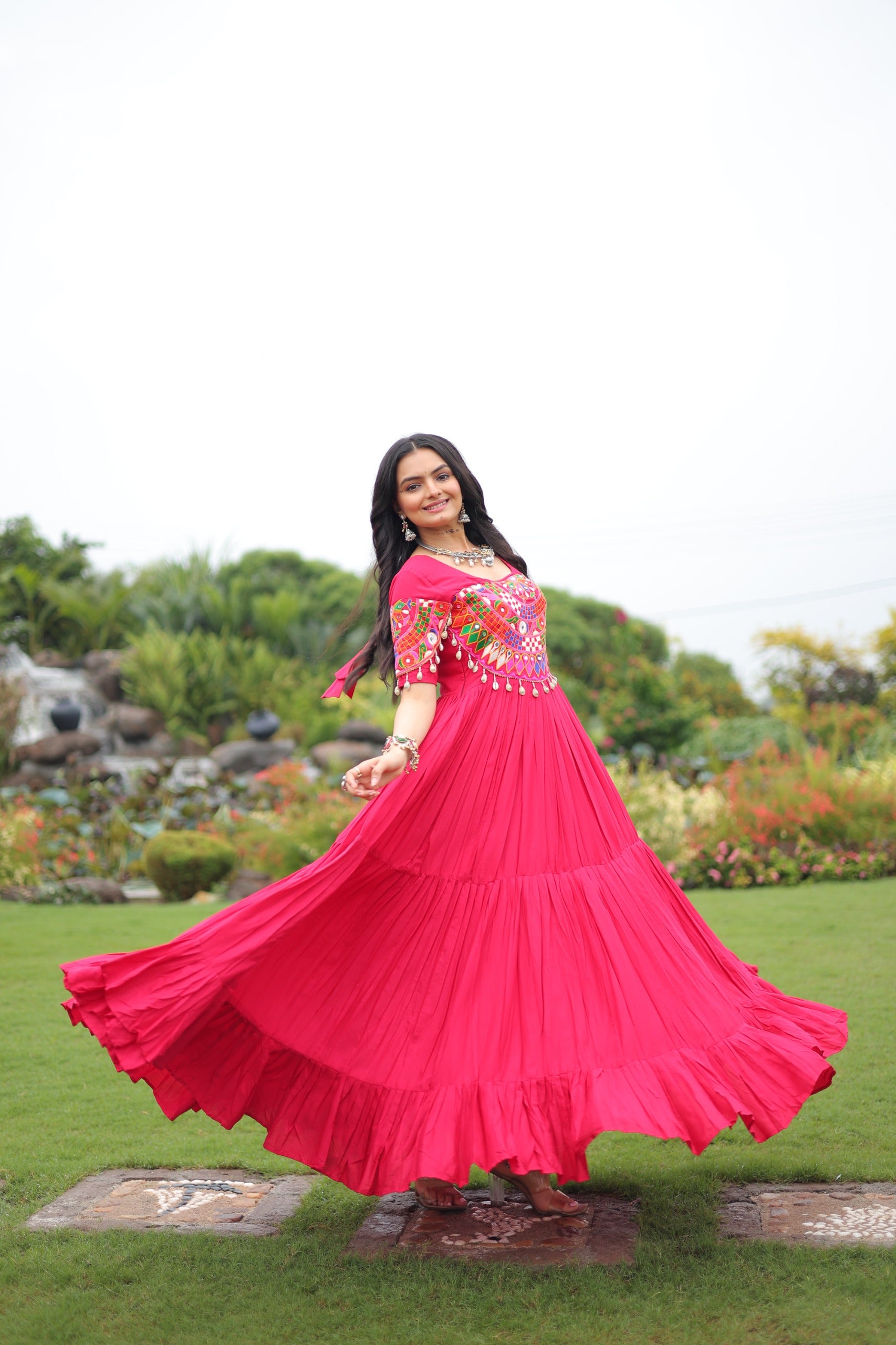 Prazu Fashion Rani Pink Reyon Kutchi Gamthi Work Navaratri Gown