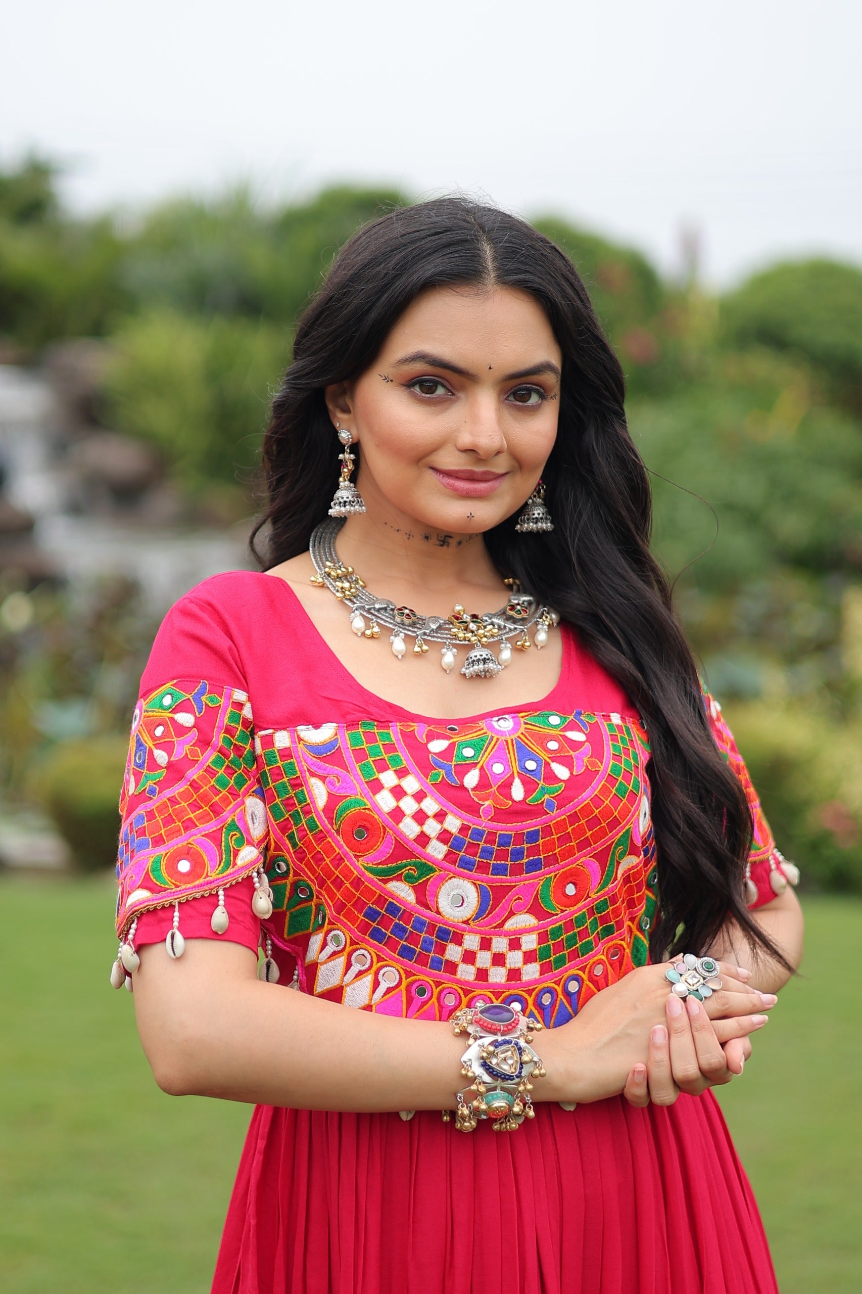 Prazu Fashion Rani Pink Reyon Kutchi Gamthi Work Navaratri Gown