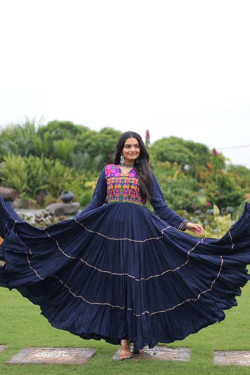 Prazu Fashion Blue Rayon Kutchi Gamthi Embroidered & Mirror Hand Work Navratri Gown - Distacart