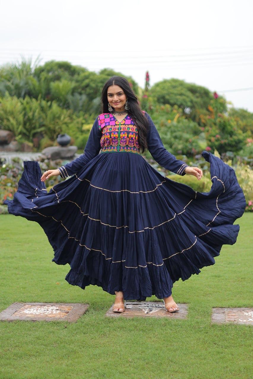 Prazu Fashion Blue Rayon Kutchi Gamthi Embroidered & Mirror Hand Work Navratri Gown