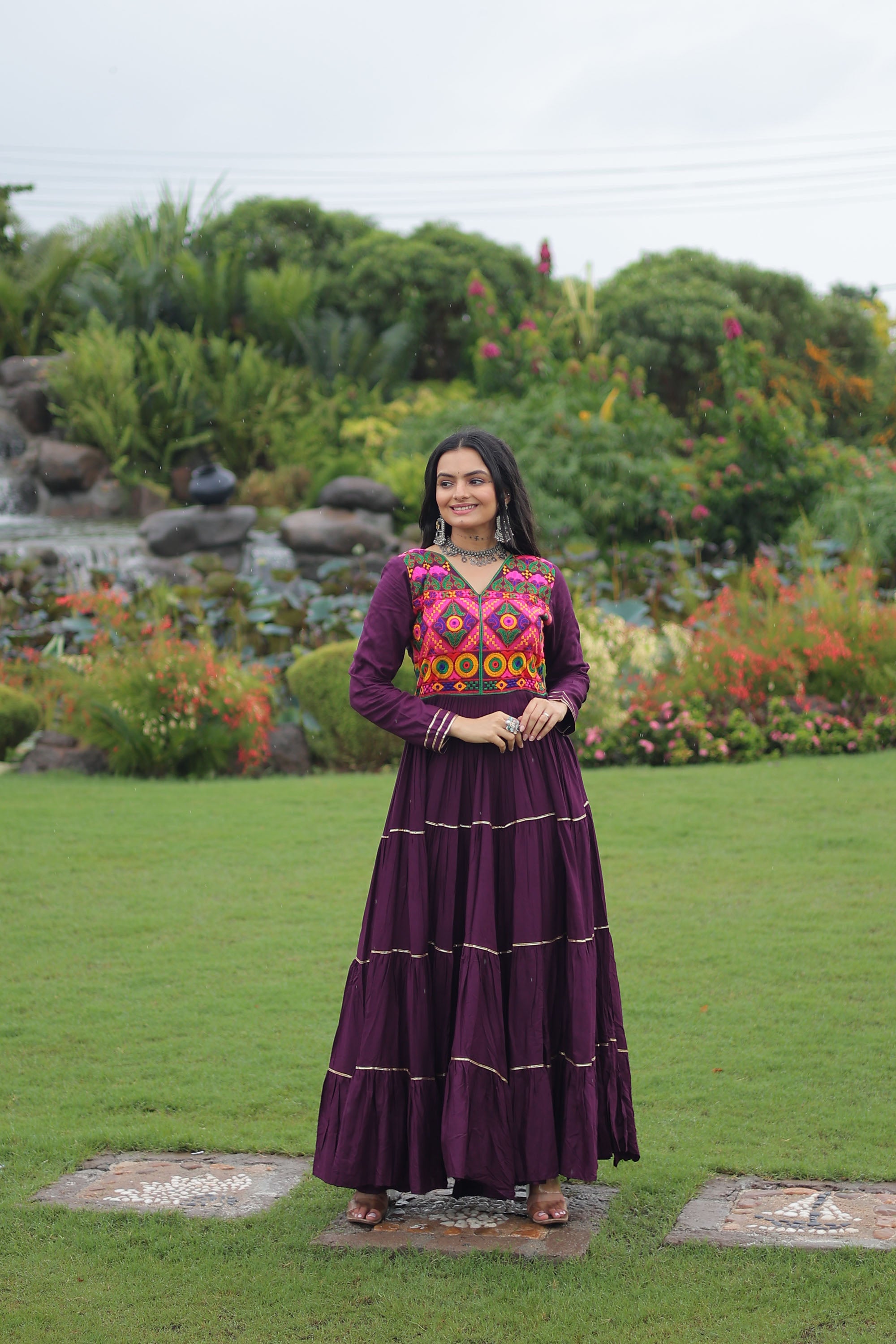 Lorenvalley Fashion Wine Rayon Kutchi Gamthi Embroidered & Mirror hand Work Gown