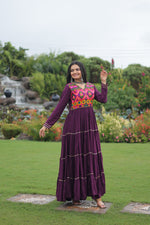 Thumbnail for Lorenvalley Fashion Wine Rayon Kutchi Gamthi Embroidered & Mirror hand Work Gown