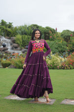 Thumbnail for Lorenvalley Fashion Wine Rayon Kutchi Gamthi Embroidered & Mirror hand Work Gown