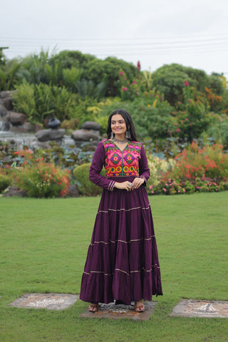 Lorenvalley Fashion Wine Rayon Kutchi Gamthi Embroidered & Mirror hand Work Gown