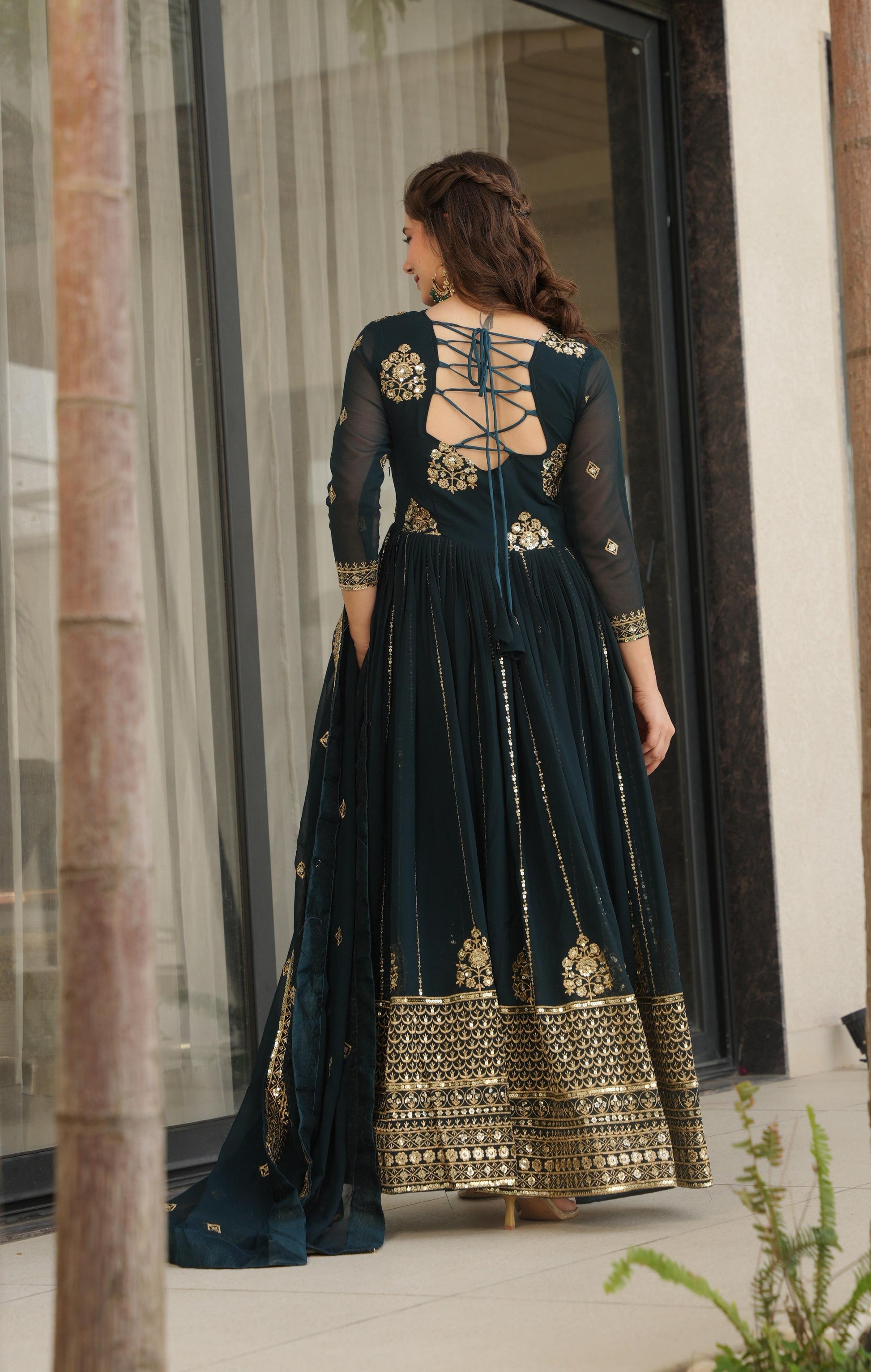 Vedant Vastram Georgette Embroidery & Sequence Work Stitched Ethnic Gown-Rama - Distacart