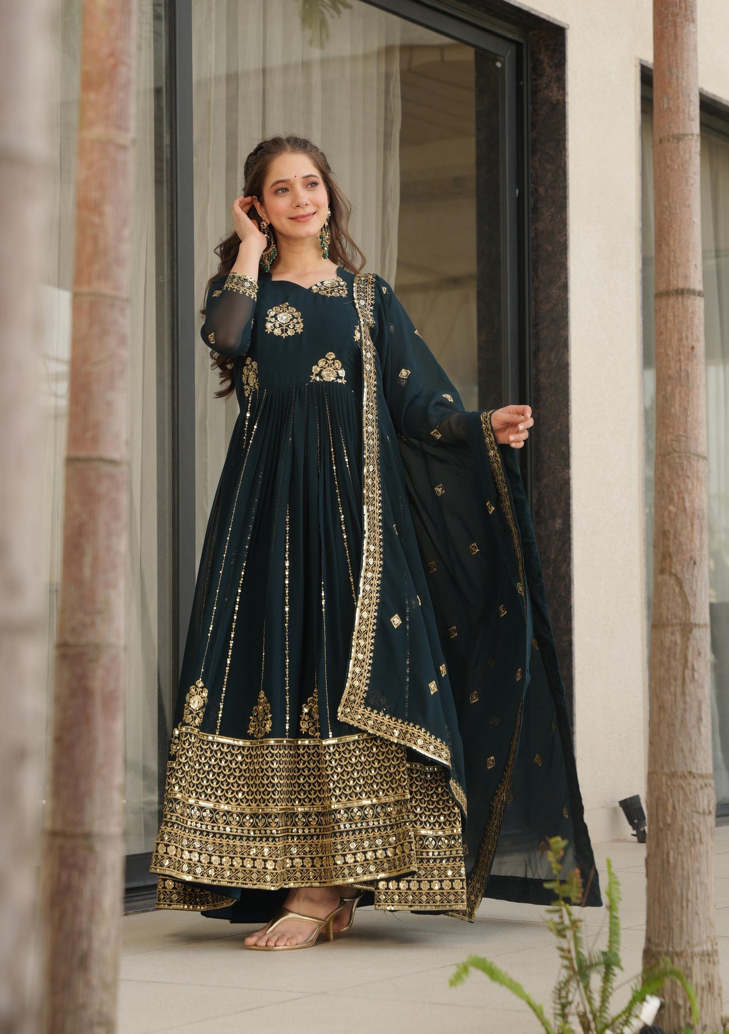 Vedant Vastram Georgette Embroidery & Sequence Work Stitched Ethnic Gown-Rama - Distacart
