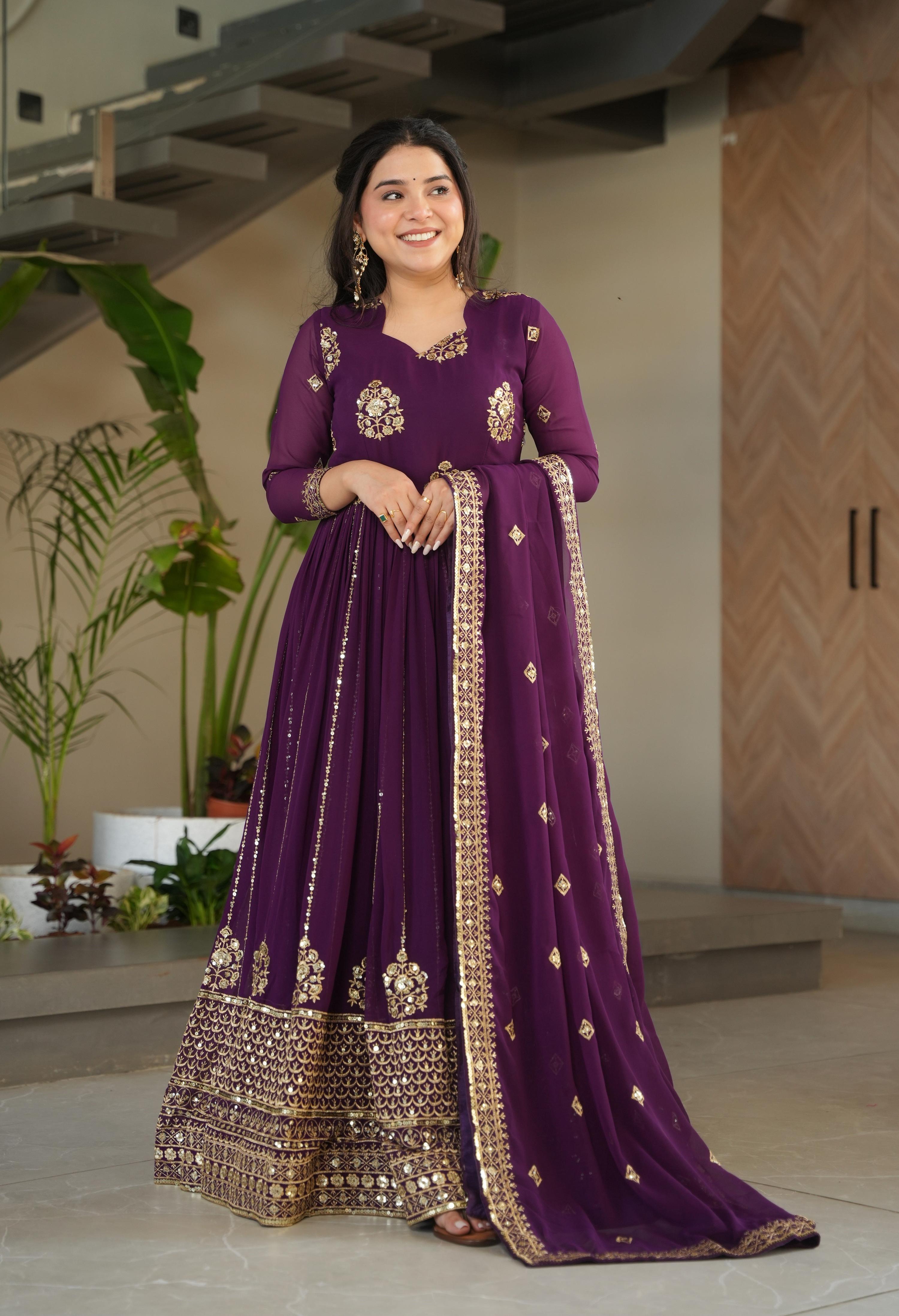 Vedant Vastram Georgette Embroidery & Sequence Work Stitched Ethnic Gown-Wine