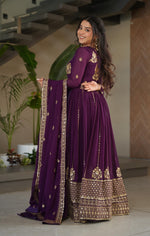 Thumbnail for Vedant Vastram Georgette Embroidery & Sequence Work Stitched Ethnic Gown-Wine - Distacart