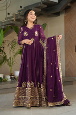 Thumbnail for Vedant Vastram Georgette Embroidery & Sequence Work Stitched Ethnic Gown-Wine - Distacart