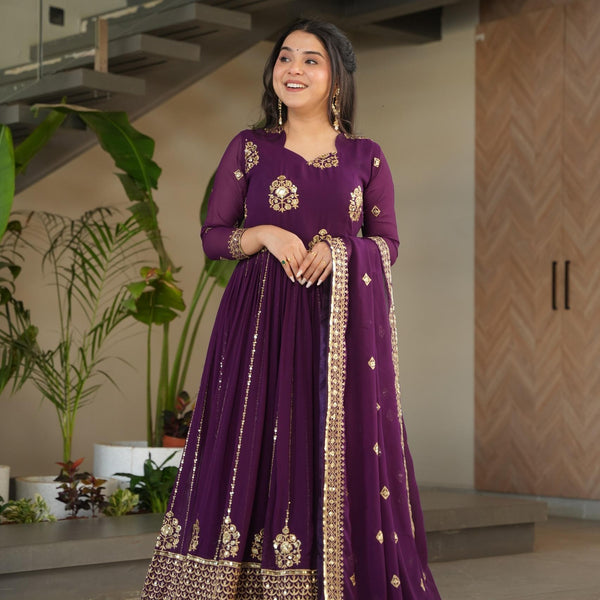 Prazu Fashion Purple Georgette Rich Zari & Sequins Embroidered Gown - Distacart