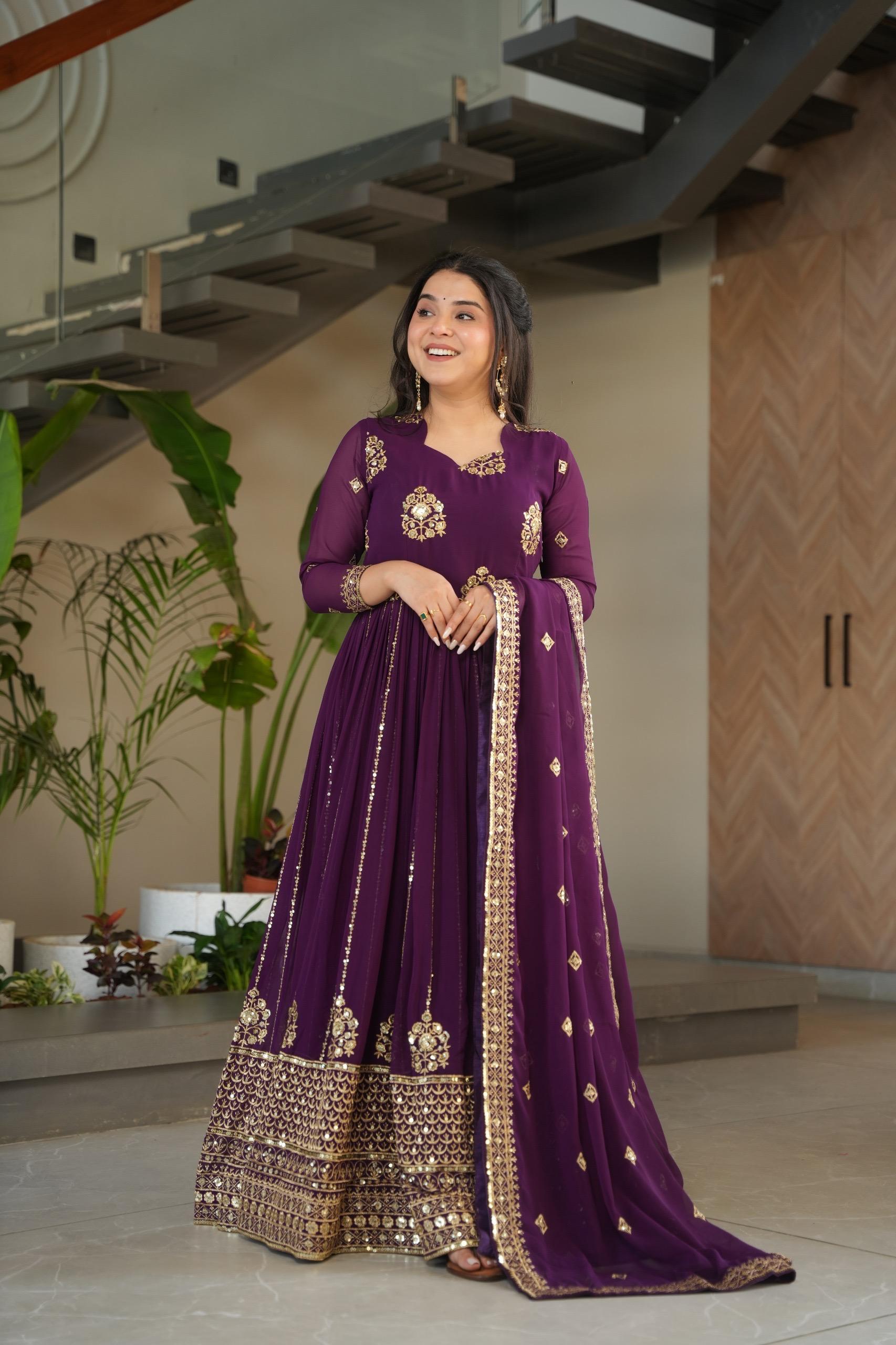 Prazu Fashion Purple Georgette Rich Zari & Sequins Embroidered Gown - Distacart