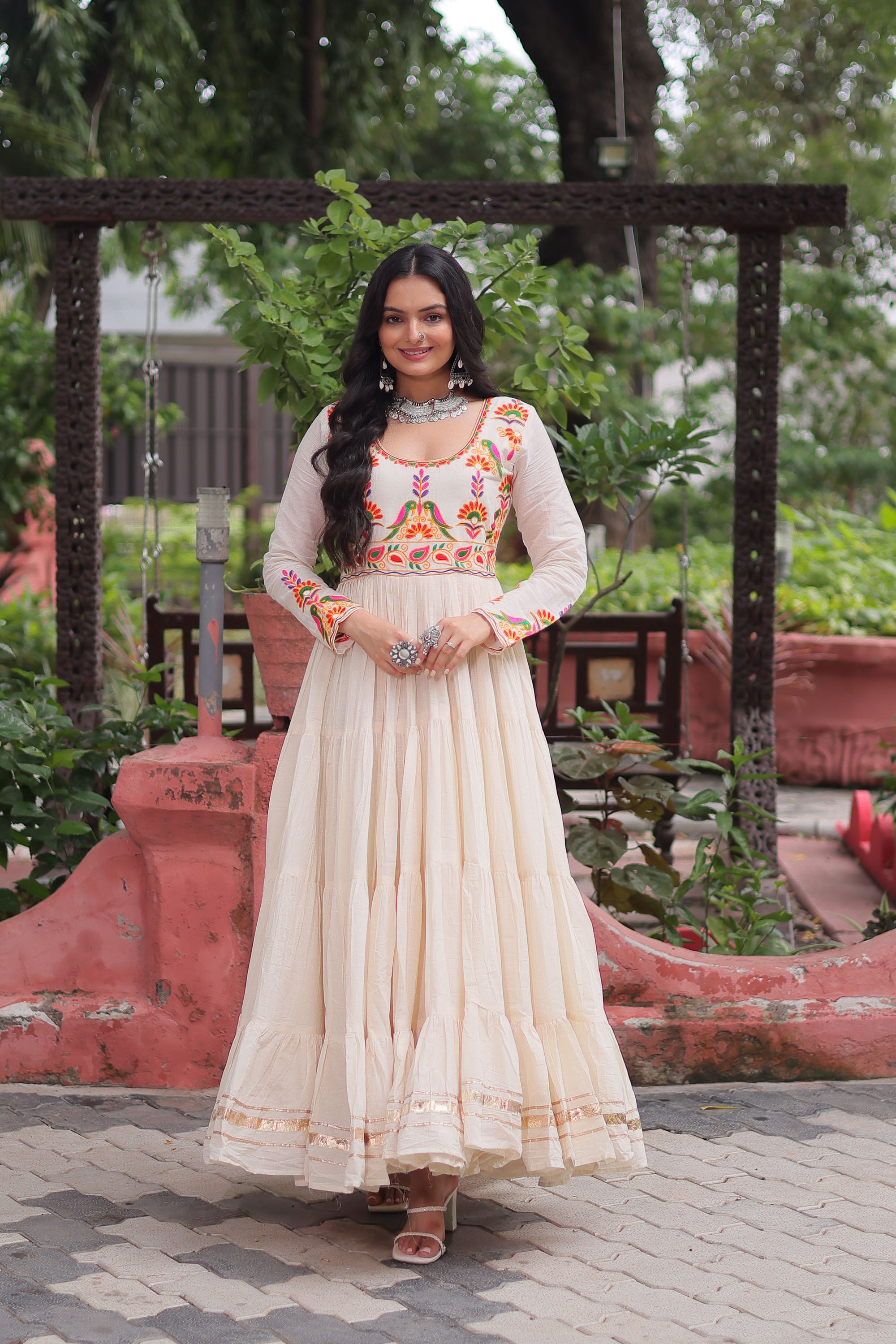 Lorenvalley Fashion Offwhite Kora Cotton with Multi Thread Embroidered & Gota patti Work Gown
