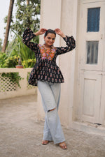 Thumbnail for Prazu Fashion Black Cotton Print With Kutchi Patchwork Top For Navratri