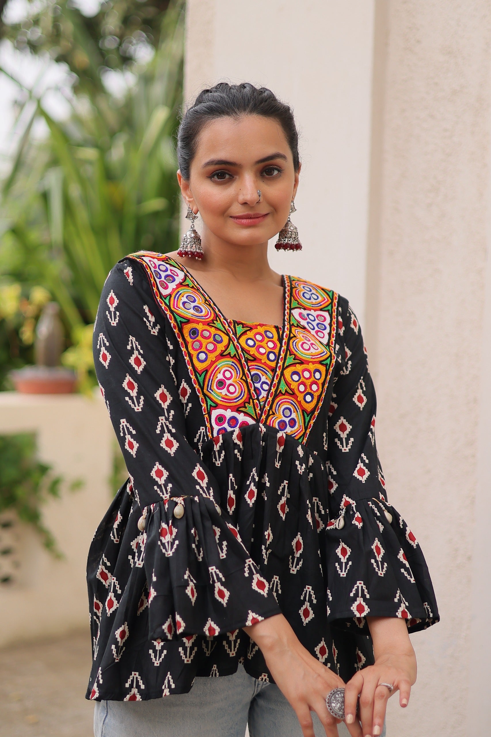 Prazu Fashion Black Cotton Print With Kutchi Patchwork Top For Navratri
