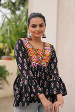 Thumbnail for Prazu Fashion Black Cotton Print With Kutchi Patchwork Top For Navratri