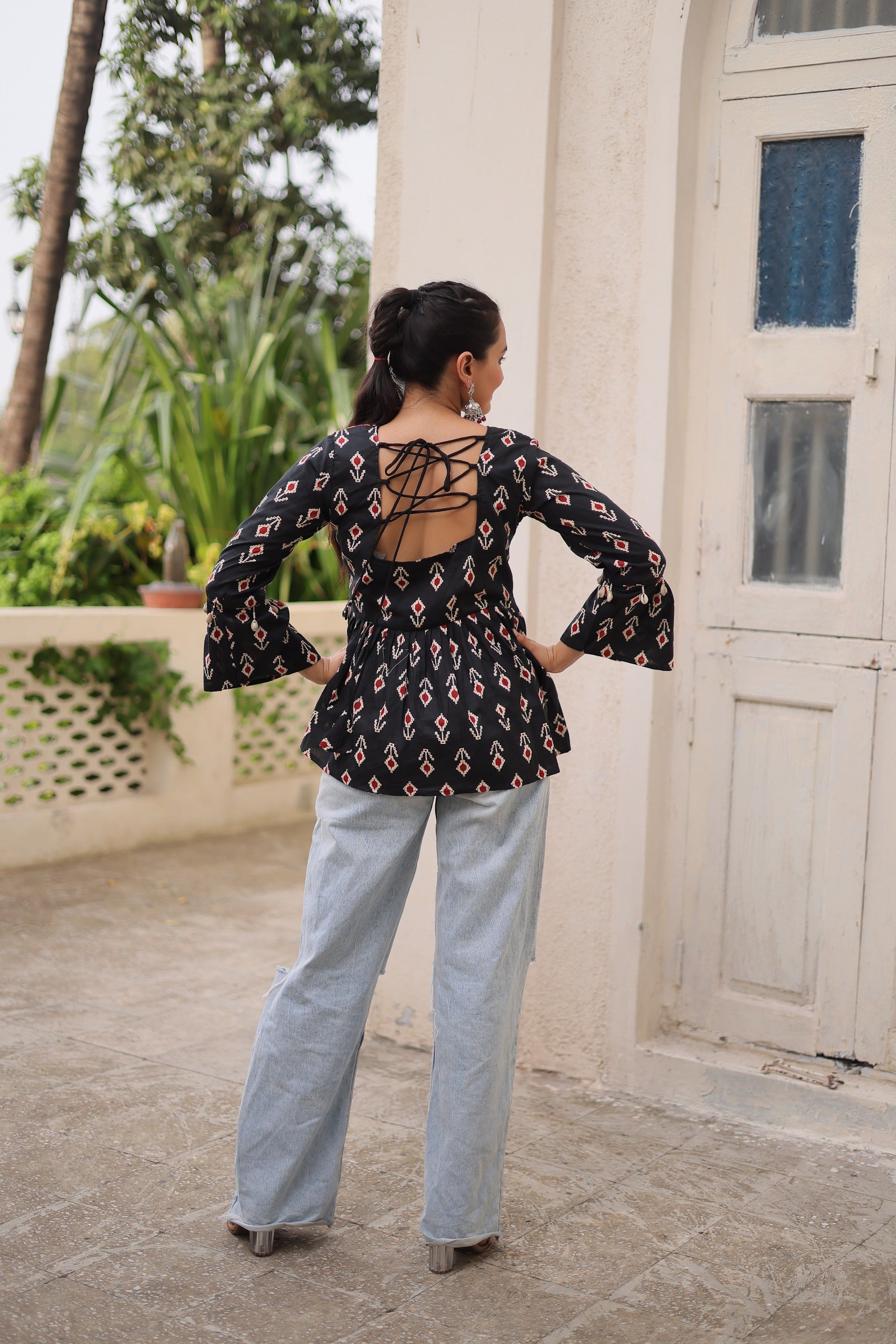 Prazu Fashion Black Cotton Print With Kutchi Patchwork Top For Navratri