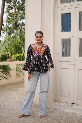 Prazu Fashion Black Cotton Print With Kutchi Patchwork Top For Navratri