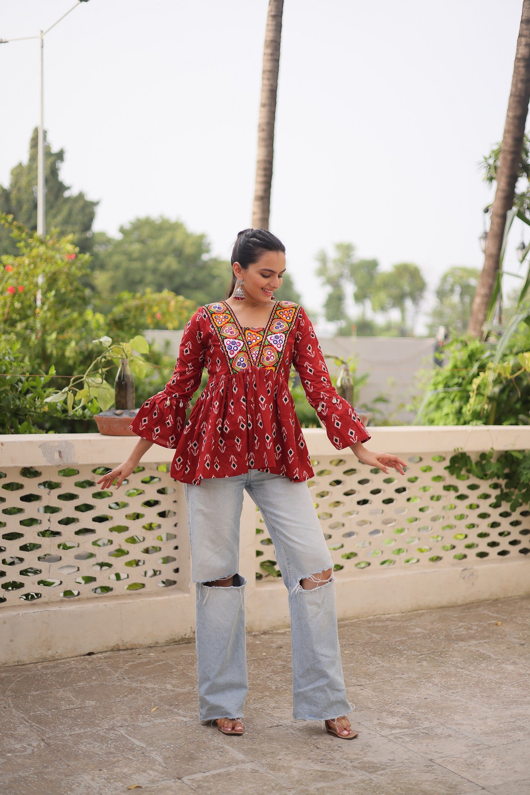 Prazu Fashion Maroon Cotton Print With Kutchi Patchwork Top For Navratri - Distacart