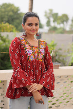 Thumbnail for Prazu Fashion Maroon Cotton Print With Kutchi Patchwork Top For Navratri