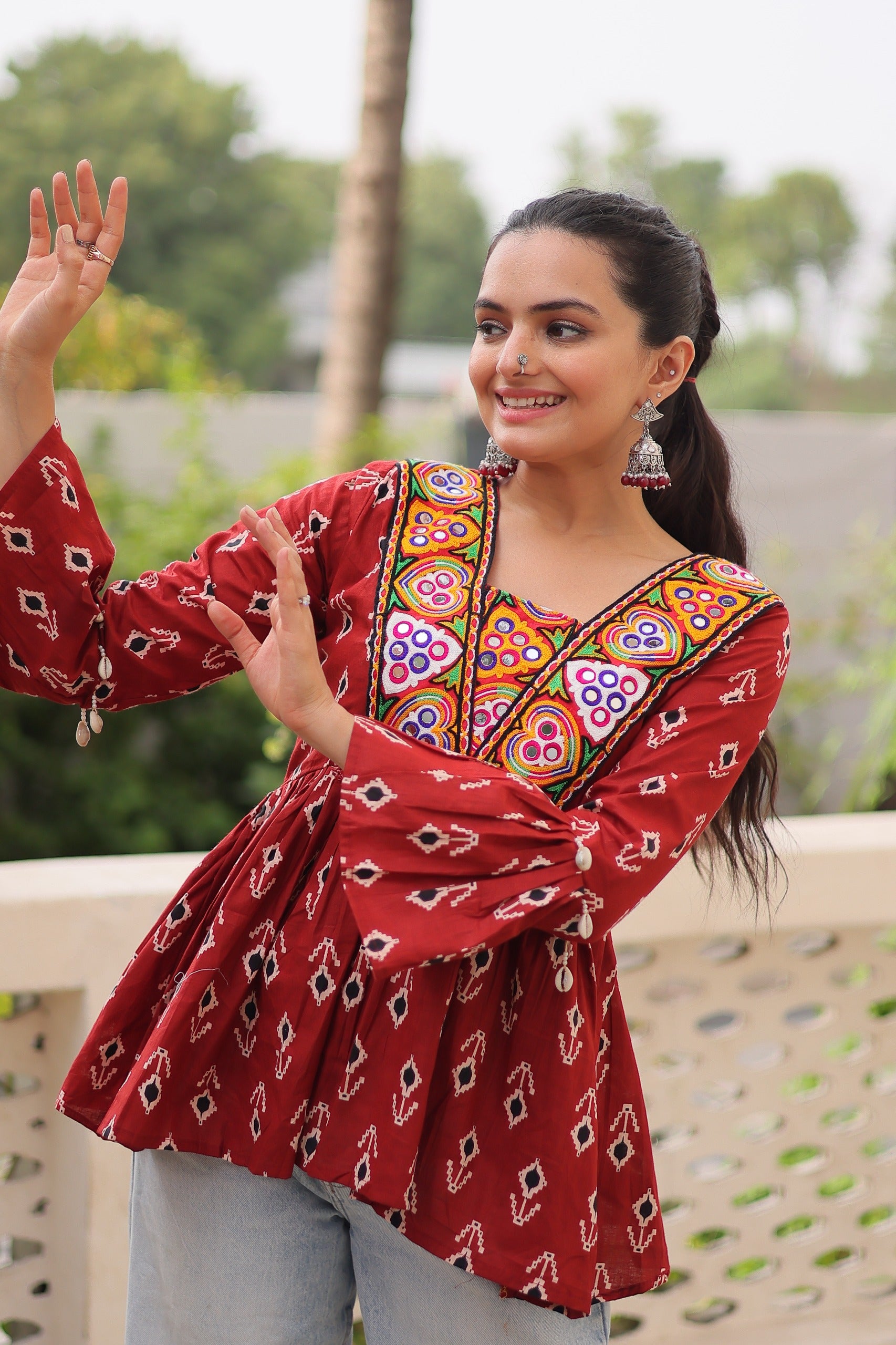 Prazu Fashion Maroon Cotton Print With Kutchi Patchwork Top For Navratri