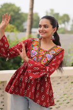 Thumbnail for Prazu Fashion Maroon Cotton Print With Kutchi Patchwork Top For Navratri