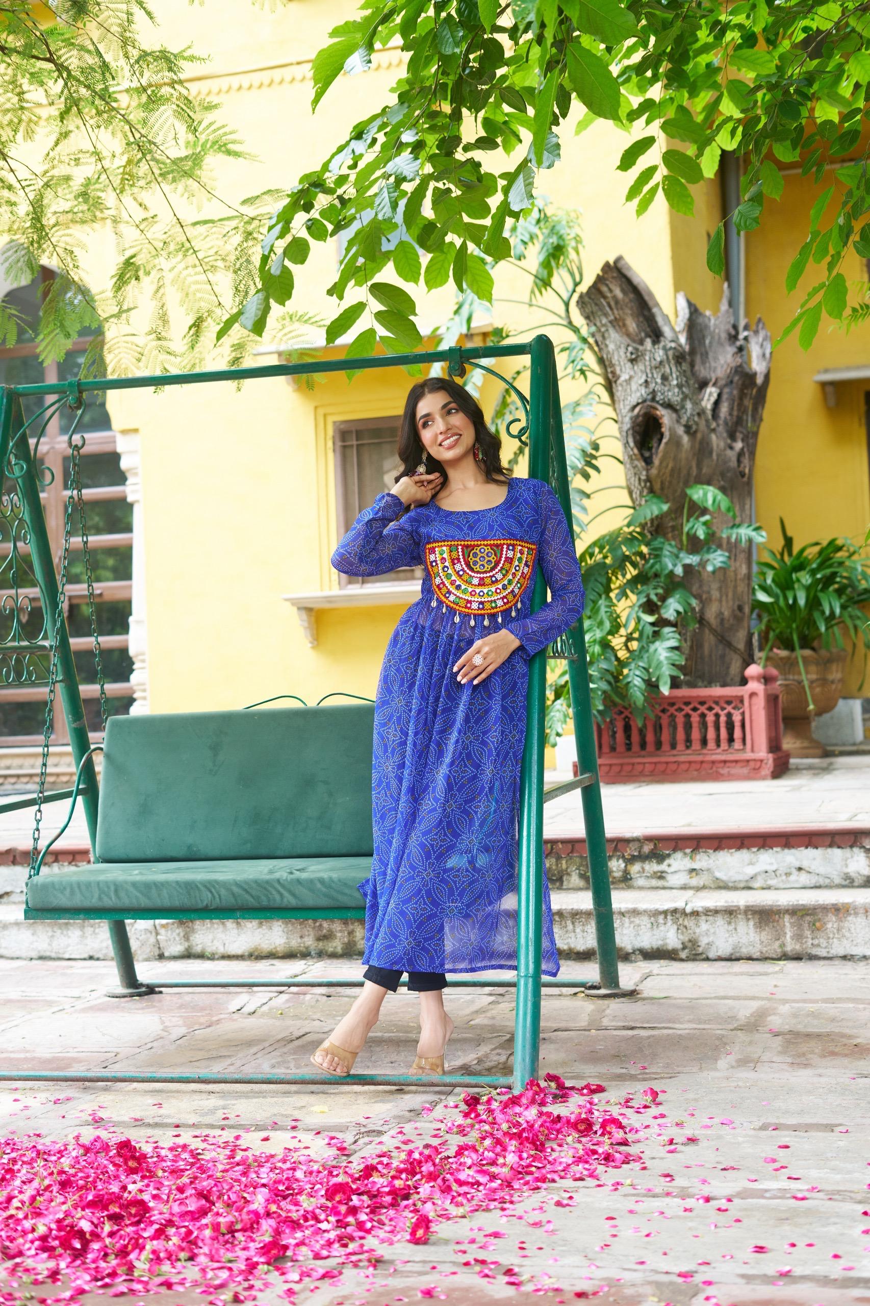 Prazu Fashion Blue Georgette Bandhej Print With Kutchi Patchwork Kurti For Navratri