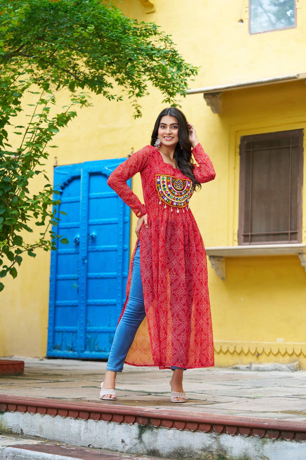 Prazu Fashion Red Georgette Bandhej Print With Kutchi Patchwork Kurti For Navratri