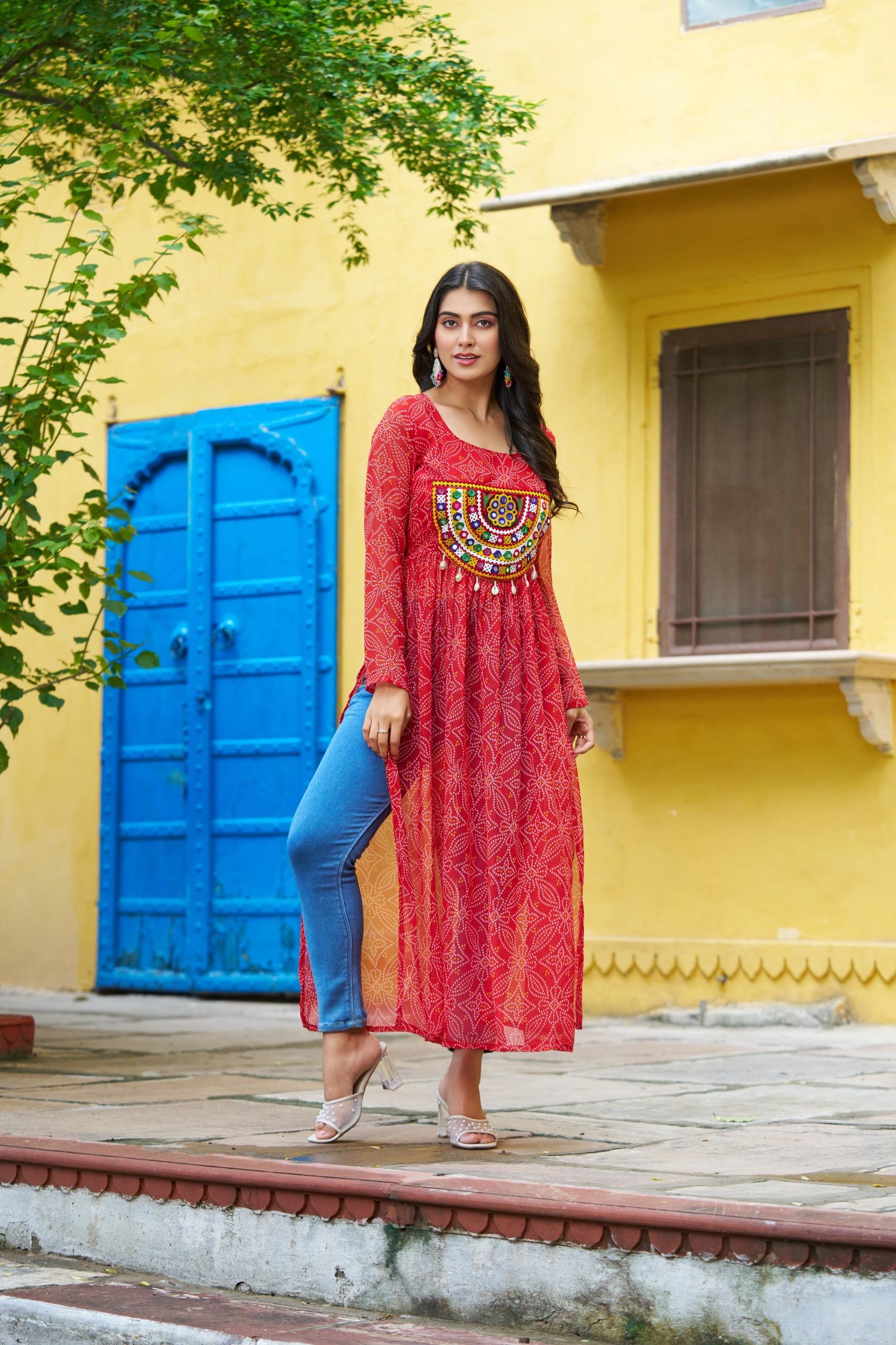 Prazu Fashion Red Georgette Bandhej Print With Kutchi Patchwork Kurti For Navratri