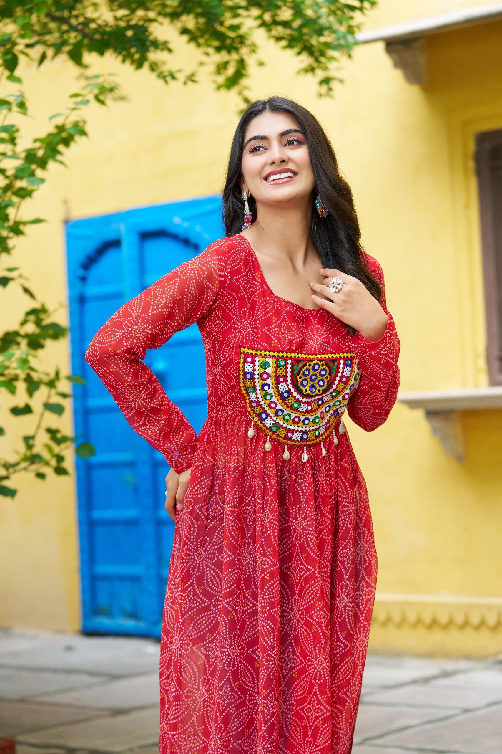 Prazu Fashion Red Georgette Bandhej Print With Kutchi Patchwork Kurti For Navratri
