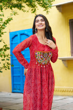 Thumbnail for Prazu Fashion Red Georgette Bandhej Print With Kutchi Patchwork Kurti For Navratri