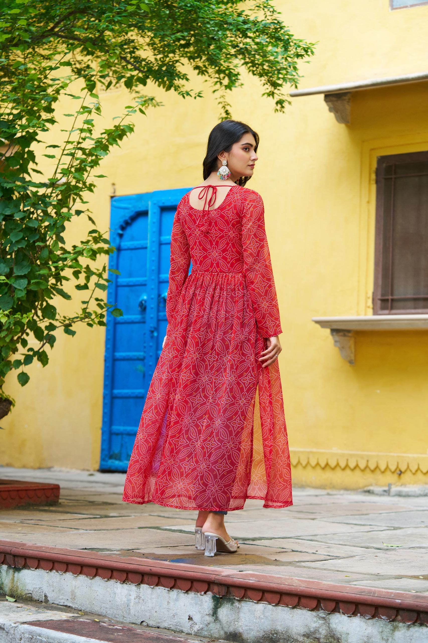 Prazu Fashion Red Georgette Bandhej Print With Kutchi Patchwork Kurti For Navratri
