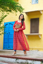 Thumbnail for Prazu Fashion Red Georgette Bandhej Print With Kutchi Patchwork Kurti For Navratri