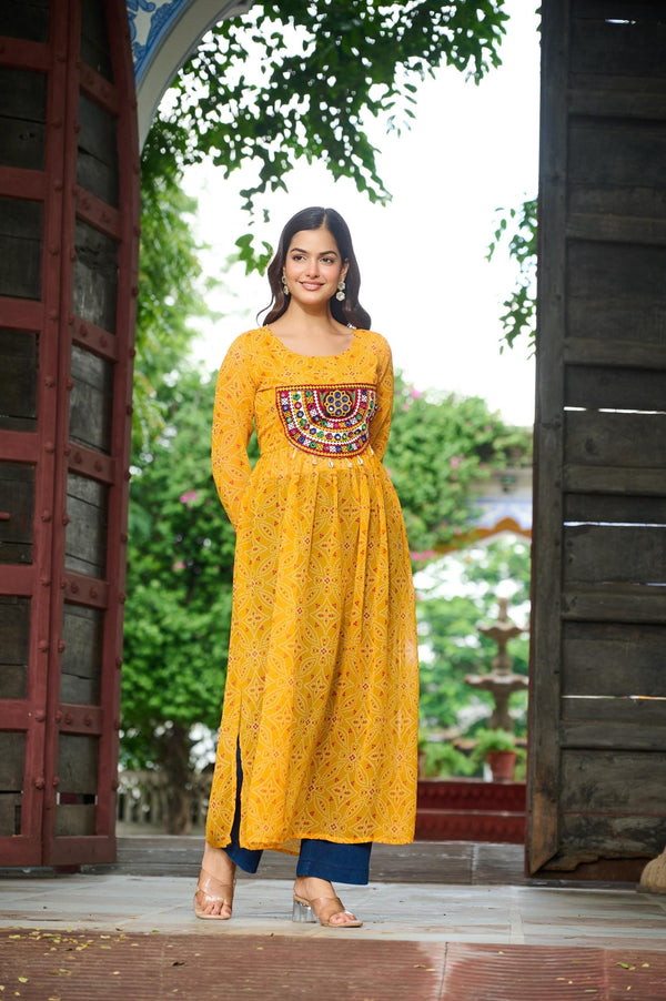 Prazu Fashion Yellow Georgette Bandhej Print With Kutchi Patchwork Kurti For Navratri