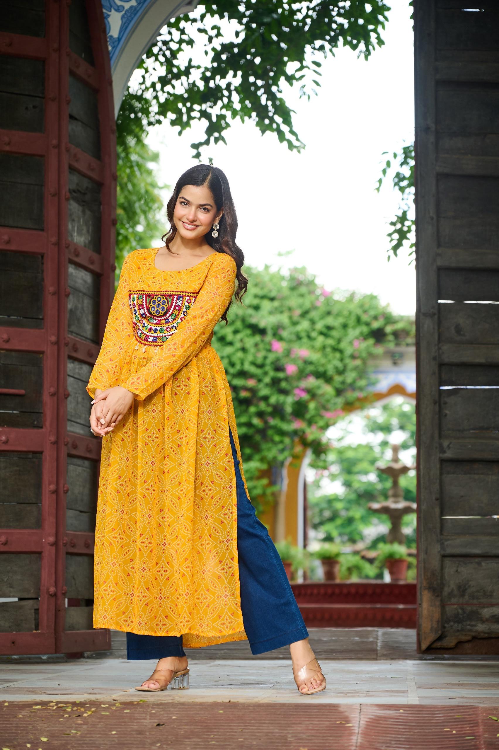 Prazu Fashion Yellow Georgette Bandhej Print With Kutchi Patchwork Kurti For Navratri