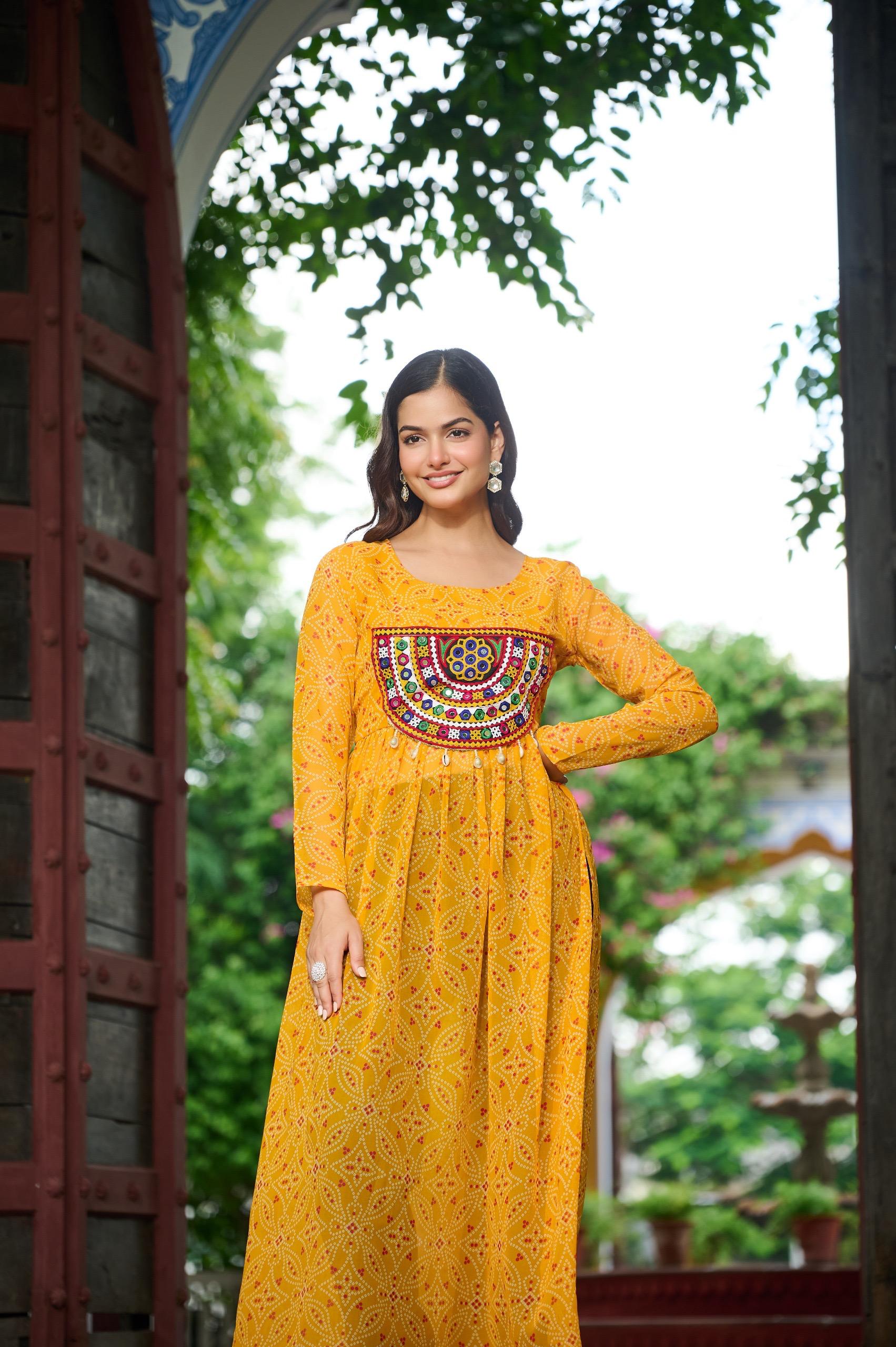 Prazu Fashion Yellow Georgette Bandhej Print With Kutchi Patchwork Kurti For Navratri